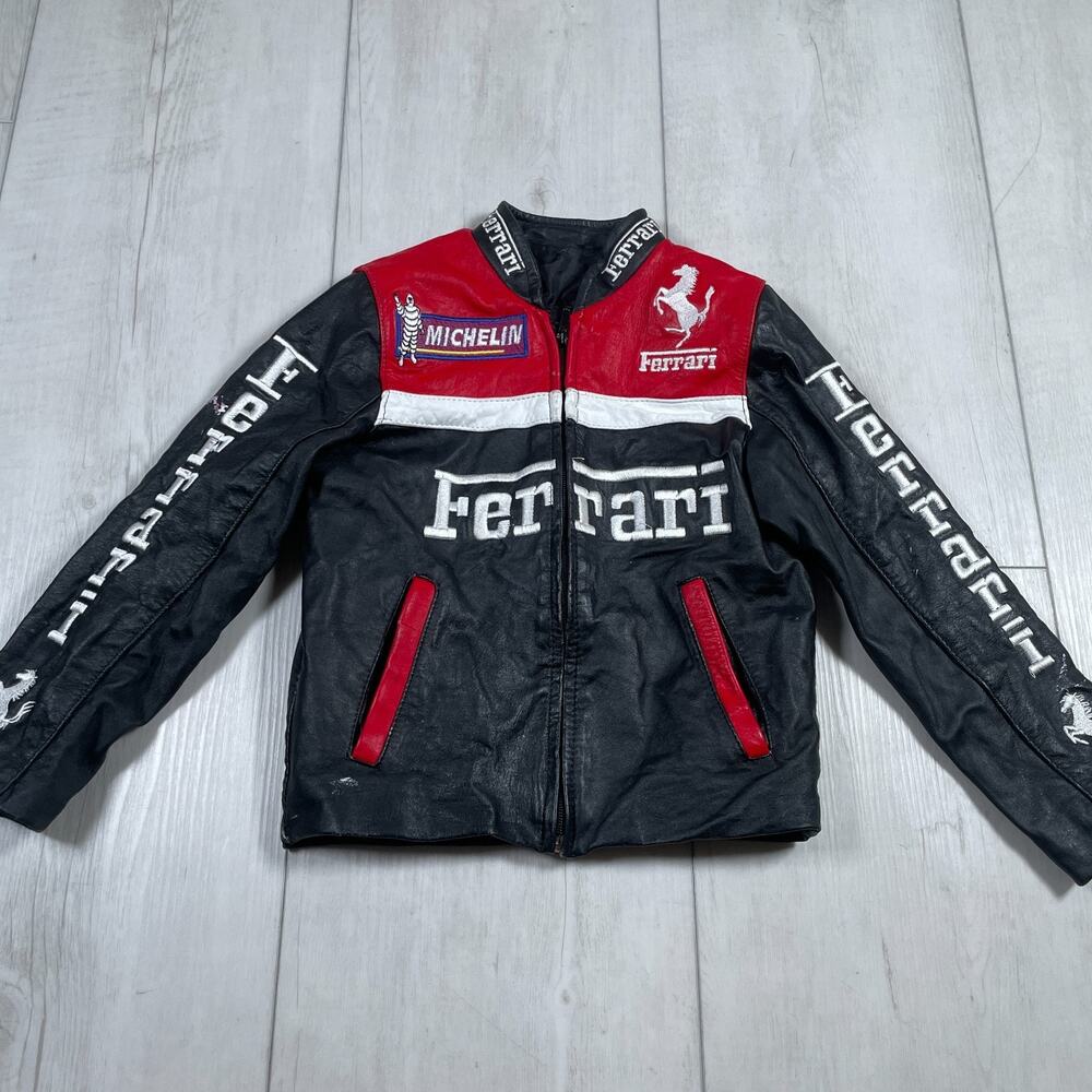 Ferrari Kids Size 4 Racing Leather Jacket Vintage Style Black Red Racing F1